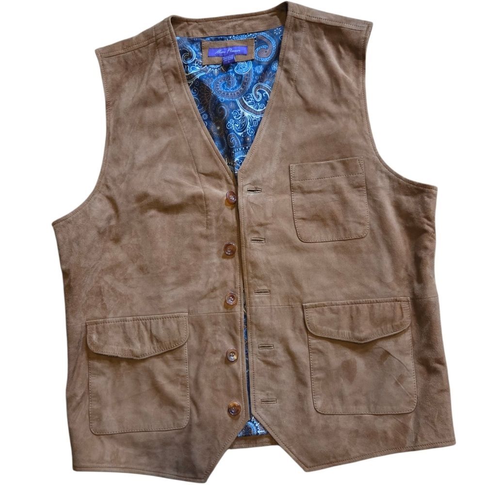 Alan Flusser Men's Real Leather Sleeveless Vest Brown SIZE Large Paisley Lined